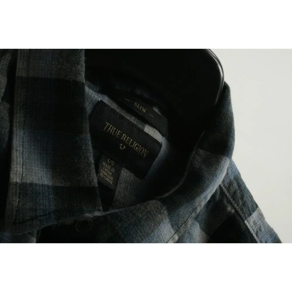 True Religion Men's Large Slim Long Sleeve Dip Dye Ombre Flannel Button Up Shirt